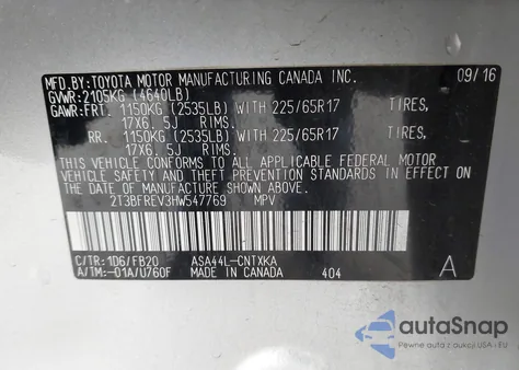 2017 Toyota Rav4 Le из США, поврежденный, VIN 2T3BFREV3HW547769